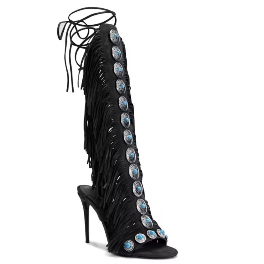 Black Fringe High Heel Sandals